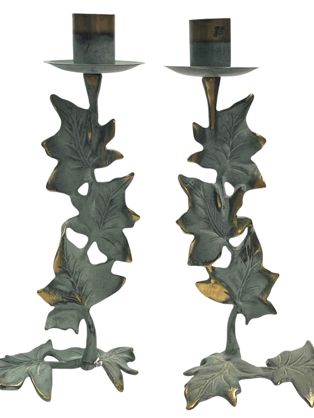 vintage 1980s PartyLite Brass Candlestick Holders Faux Verdigris Ivy Leaf Vines